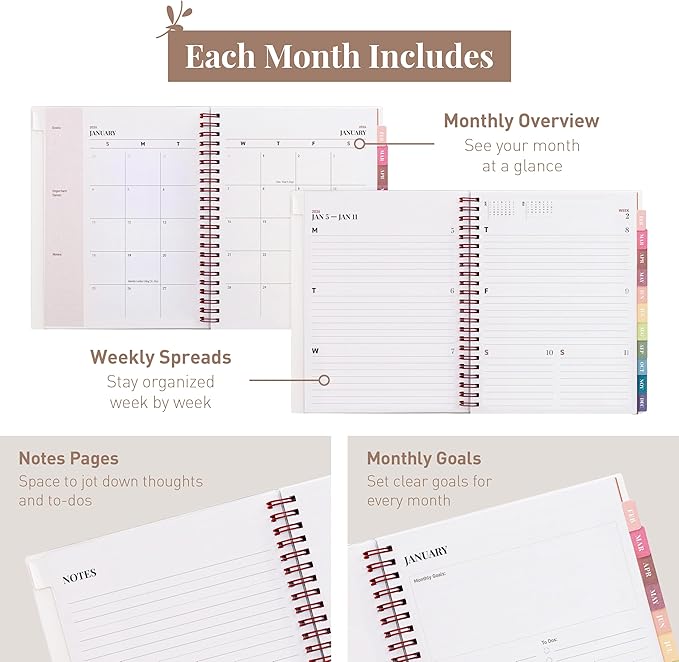 Rileys 2026 Planner, Agenda Planner With Weekly And Monthly View, Daily Agenda Book And Yearly Planners Calendar Book, Spiral Bound With Tabs, Notes, Goals And Holidays (Float, Pink, 8 x 6 in)