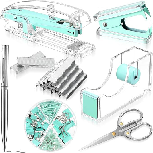 Office Supplies Set Desk Accessory Kit, Acrylic Stapler Set Staple Remover, Tape Dispenser, Binder Clips, Paper Clips, Ballpoint Pen and Scissor with 1000 Pieces 26/6 Staples (Green)