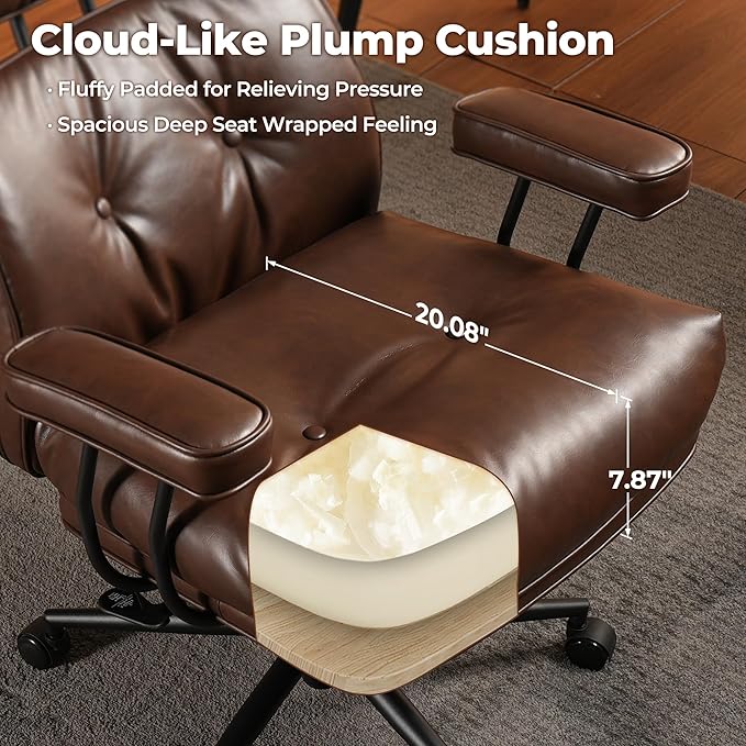 ovios Home Office Chair, Mid-Century Modern Faux PU Leather Chairs with Lumbar Support Comfy Thick Cushion, High Back Ergonomic Swivel Rolling Executive Armchair (Dark Brown, PU Leather)