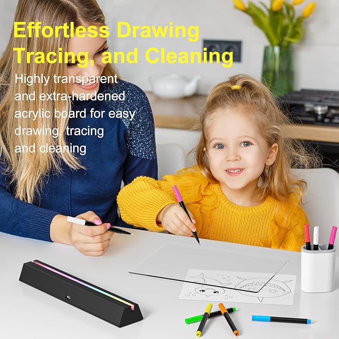 LED Note Board with Colors, Rechargeable 17-Inch Doodle Glow 9-Mode Light Up Desk Sign Letter Message Memo Drawing Dry Erase Board for Classroom/Home Decor/Office/Gifts, 5 Markers & Tracing Book