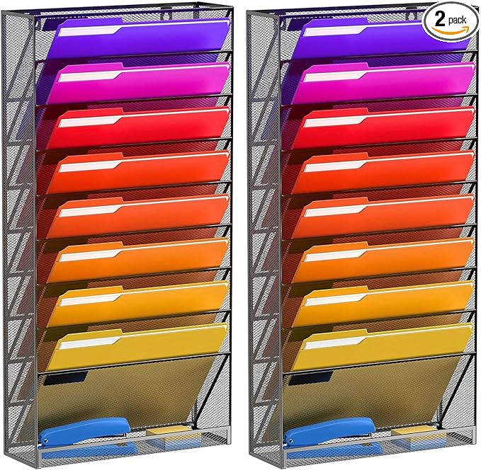 10 Tier Wall File Organizer, Hanging Wall Mount File Holder Paper Folder Mail Organizer, Mesh Metal, Black 2Pack