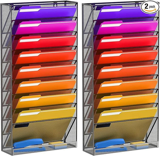 10 Tier Wall File Organizer, Hanging Wall Mount File Holder Paper Folder Mail Organizer, Mesh Metal, Black 2Pack
