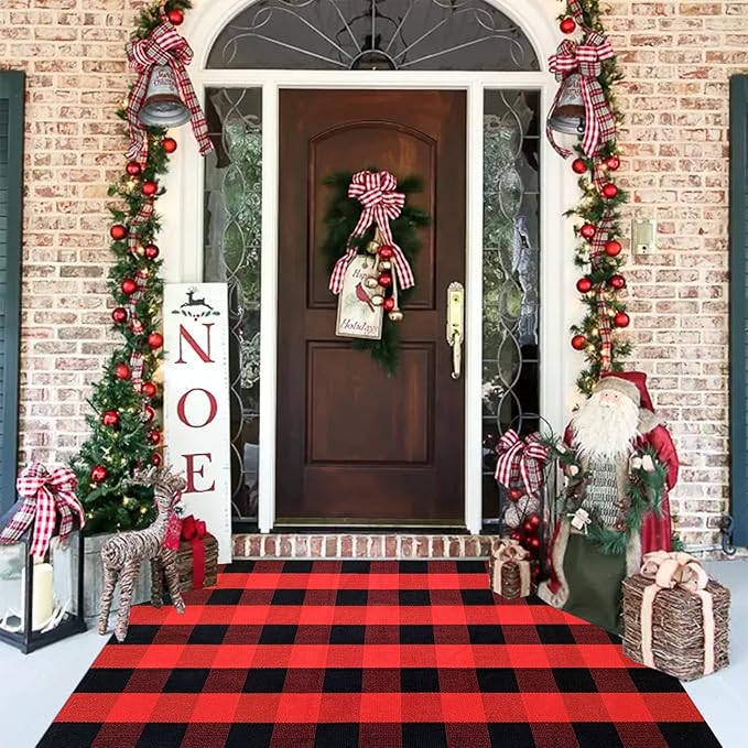 Red and Black Plaid Rug, 3'x5' Check Outdoor Front Door Decorative Mat, Cotton Woven Rug for Layered Door Mats Washable Carpet for Porch, Entryway, Farmhouse, Christmas, Halloween
