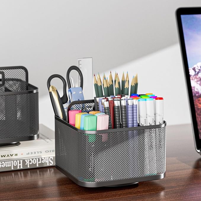 LUCYCAZ 360 Rotating Metal Pencil Pen Holder for Desk, Rotating Pencil Cup with 5 Slots, Dual-Purpose Desk Pen Organizer for Office, School, Home, Square