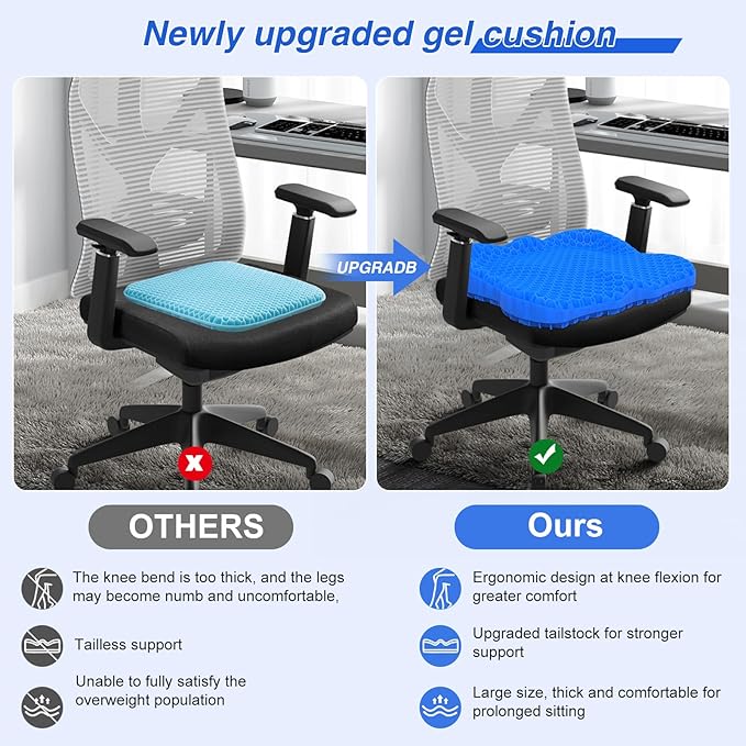 Thicken 19.7in Seat Cushion, Gel Seat Cushion for Long Sitting–Office Chair, Wheelchair, Car Pad, Large Cooling Support Pad for Back Pain, Sciatica, Tailbone Pain Relief