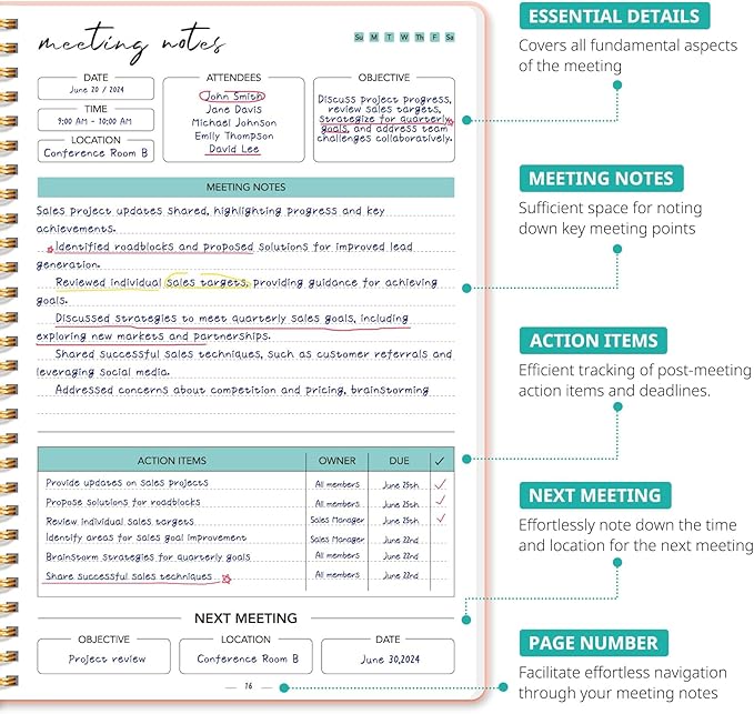 Taja Meeting Notebook for Work Organization - Work notebook with action items, Meeting Minutes Planner Notebook, Perfect Office Supplies for Men & Women - Pink