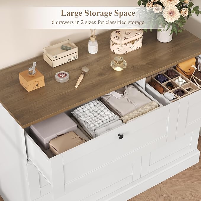 HOSTACK 6 Drawer Dresser, White Dresser for Bedroom, Wood Wide Chest of Drawers, Modern Farmhouse Drawer Chest for Living Room, Hallway, Entryway, White/Rustic Brown