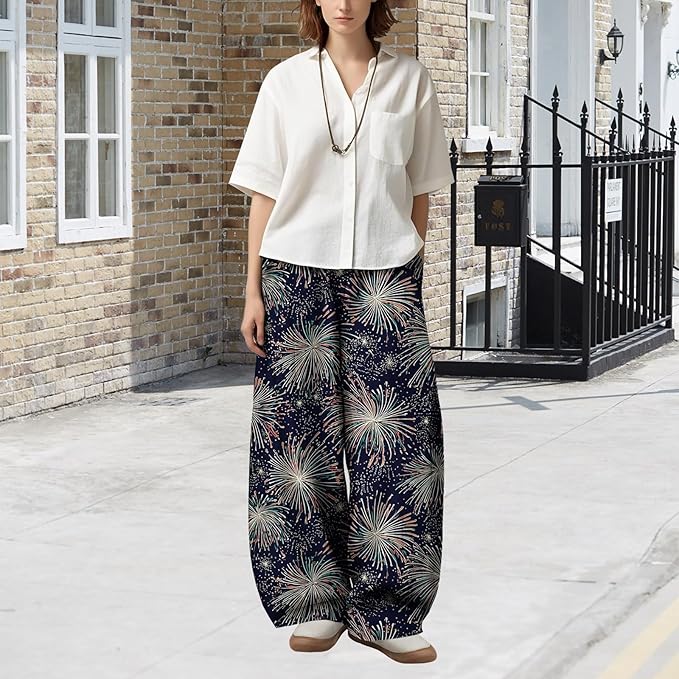 Zaswen Women's Oversize Loose Fit Breathable Pants Wide Leg Lounge Pants Fashion Casual Fireworks Print Trousers with Pockets