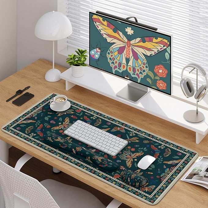 iCasso Large Mouse pad for Desk, Computer Desk Mat, 3Pcs XXL Keyboard and Mouse Pad + Keyboard Wrist Rest, Desk Matt for Desktop, Easy Typing Pain Relief Ultra Thick Mousepad Keyboard Mat(Green)