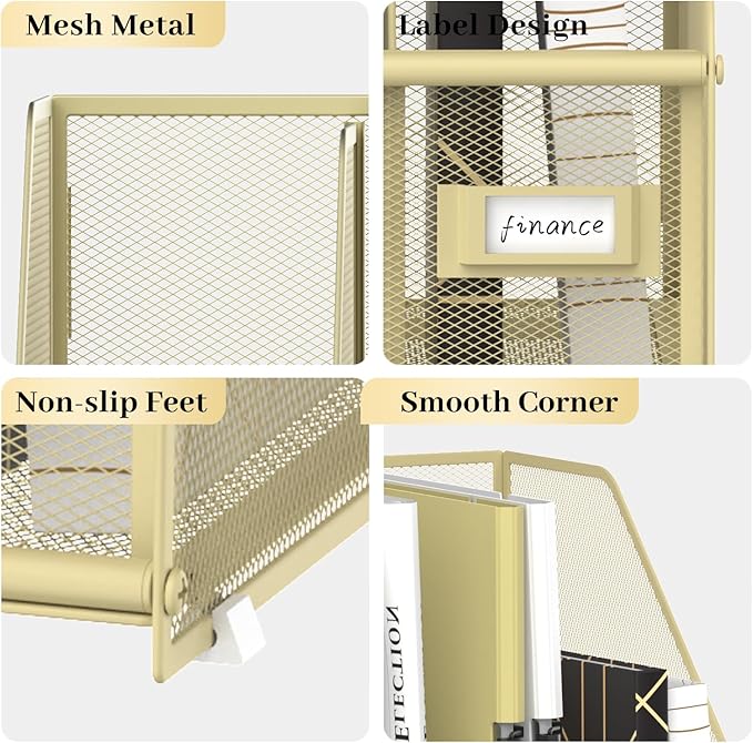 SUPEASY Desk Organizers Metal Desk Magazine File Holder with 5 Vertical Compartments Rack File Organizer for Office Desktop, Home Workspace, Golden Yellow, Plus