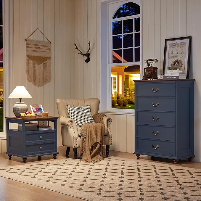 Farmhouse 5 Drawer Dresser Set of 2 for Bedroom, 45" Tall Rustic Chests of Drawers w/ 4 Solid Wood Feet, Mid Century Vintage Wooden Closet Storage Dressers Organizer for Living Room, Navy Blue