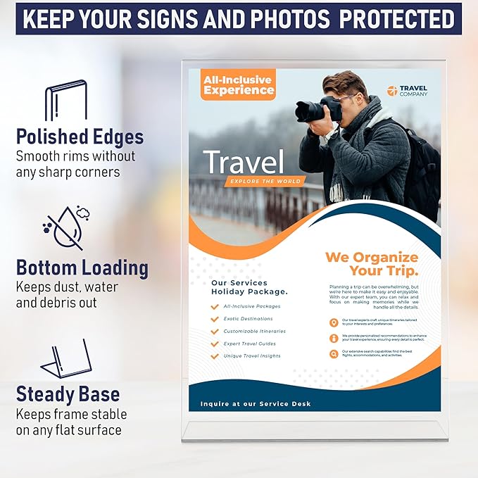 Acrylic Sign Holder 8.5 x 11, Slant Back Display Stand, A-Frame Flyer Display for Office, Menu Holder, and Table Signs. Acrylic Stands for Paper and Sign Frame, Perfect for Tabletop Use (6 Pack)