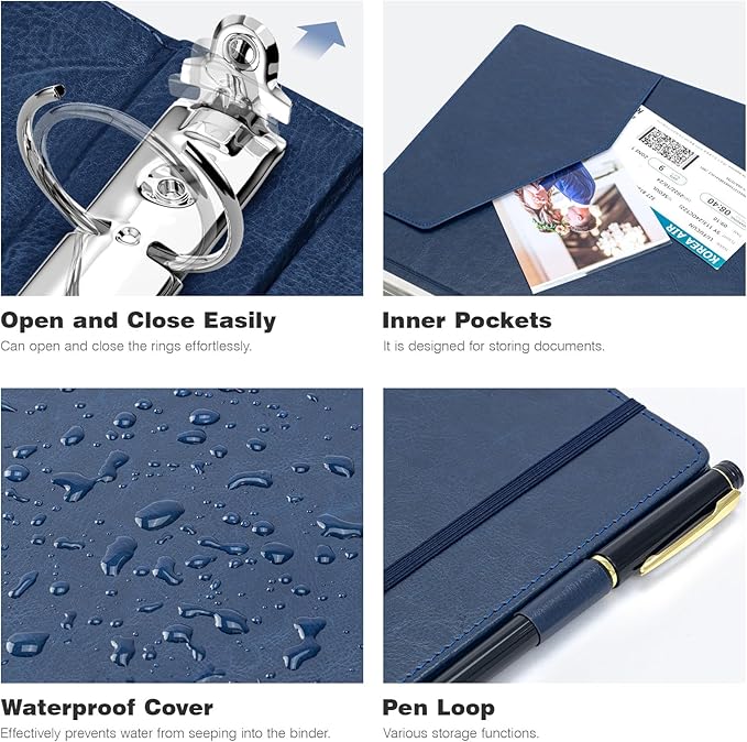 Ospelelf 3 Ring Binder With Clipboard 1 Inch Leather for Letter Size (8.5" x 11"), 5 Tab Dividers Office Supply, Dark Blue