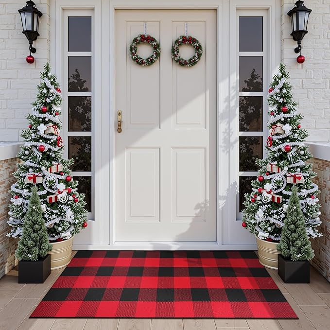 KIMODE Buffalo Plaid Outdoor Rug Red and Black 24"X51",Washable Christmas Front Door Mat,Reversible Cotton Hand-Woven Layering Rug for Front Porch Christmas Decor,Entryway,Kitchen
