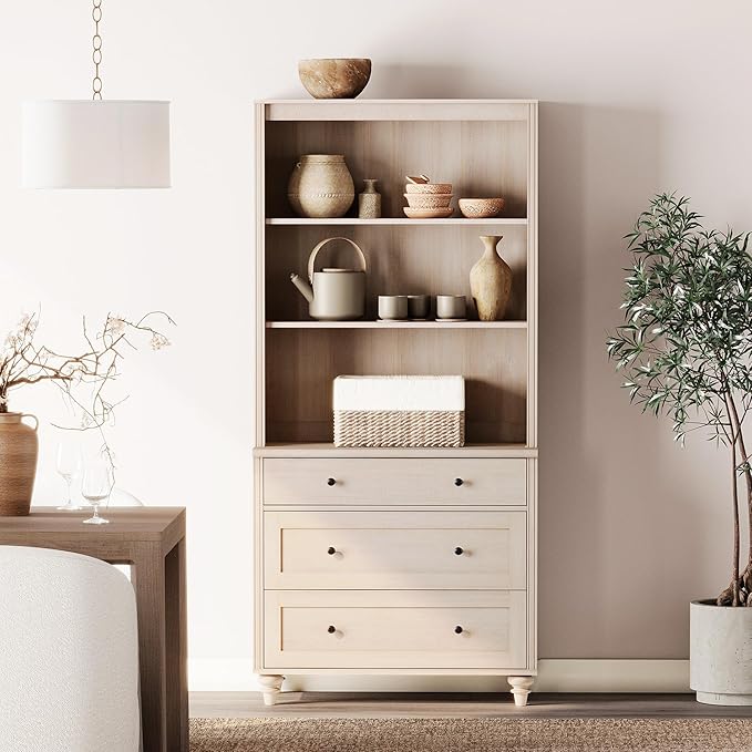 WAMPAT 3 Tier Bookshelf with 3 Drawers, 72" Tall Bookcase Large Farmhouse Display Book Case Shelf with 3-Tier Open Book Shelfs，Library Wood Bookshelves for Living Room,Kitchen, Light Oak