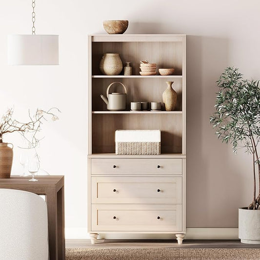 WAMPAT 3 Tier Bookshelf with 3 Drawers, 72" Tall Bookcase Large Farmhouse Display Book Case Shelf with 3-Tier Open Book Shelfs，Library Wood Bookshelves for Living Room,Kitchen, Light Oak