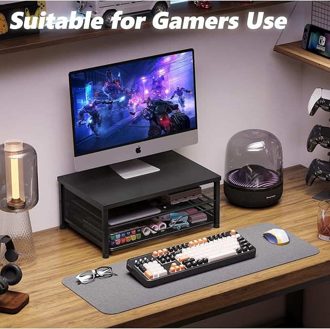 OPNICE Computer Monitor Stand Riser, Desk Organizers and Accessories with Drawer, Laptop Stand, Office Desk Accessories & Workspace Desktop Organizers Storage for Office Supplies(Black)