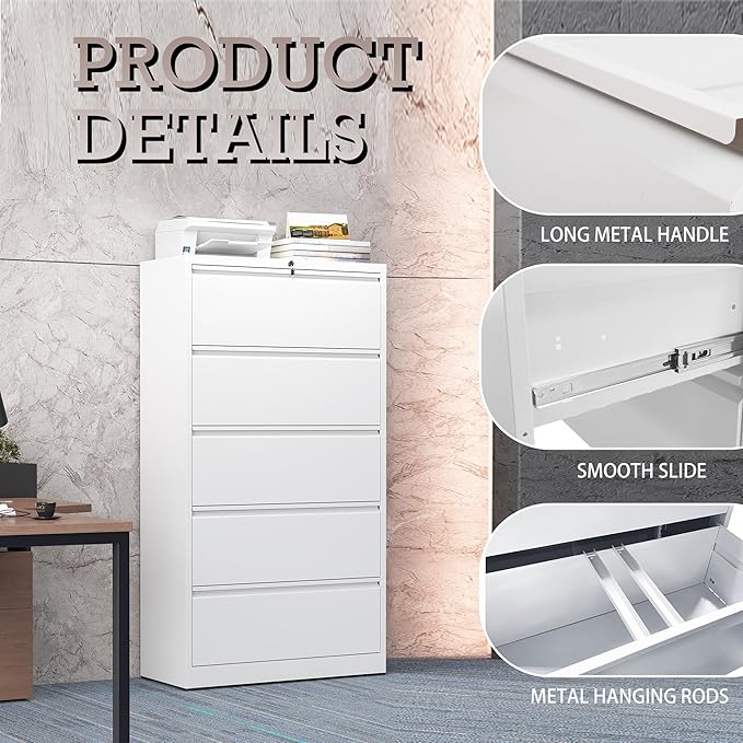 5 Drawer Lateral File Cabinet with Lock, Metal File Cabinet, Lateral File Cabinets for Home Office, Heavy Duty File Storage Cabinet for Legal/Letter/A4 Document, Assembly Required, White