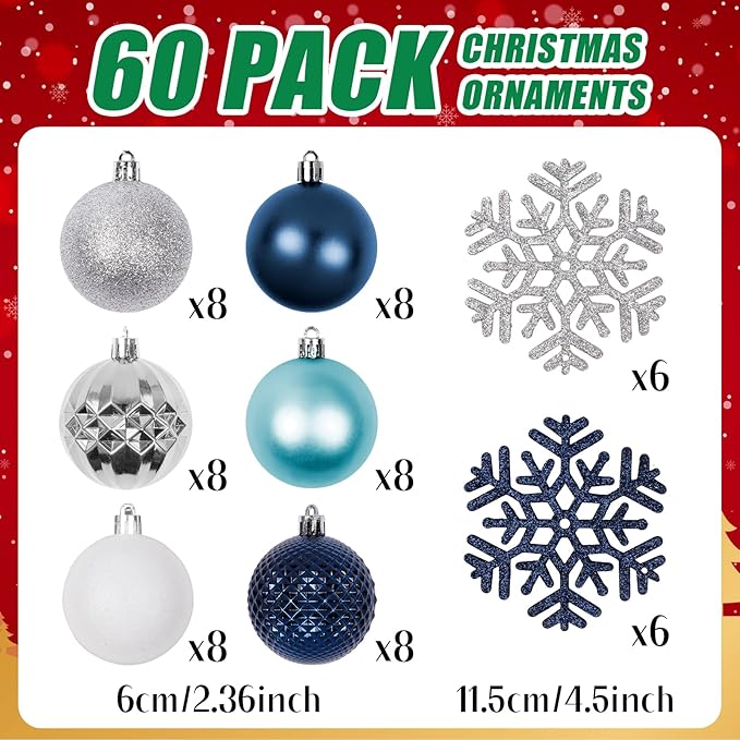 Christmas Tree Decorations Ornament Set, 60ct 2.36 Inches Navy Blue Silver Shatterproof Christmas Ball Ornaments, Hanging Ball for Xmas Holiday Wedding Party Decor