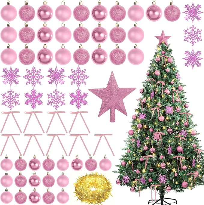 86Pcs Led Light Pink Christmas Tree Decorations Set 100 Led Light Christmas Star Trees Topper with String Lights Xmas Balls Snowflakes Ornaments Bows Xmas Trees Decor 20m Light String