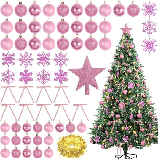 86Pcs Led Light Pink Christmas Tree Decorations Set 100 Led Light Christmas Star Trees Topper with String Lights Xmas Balls Snowflakes Ornaments Bows Xmas Trees Decor 20m Light String