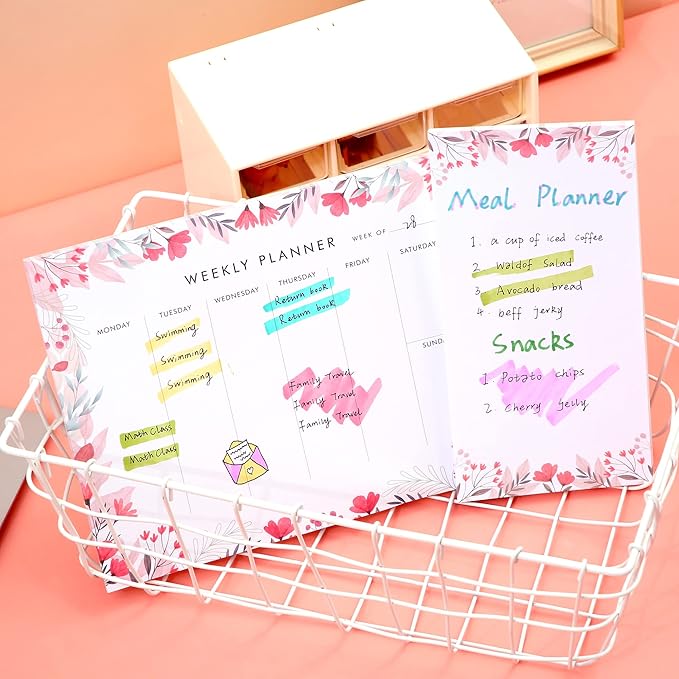 Weekly Planner Notepad Tear Off Set of 2 Weekly Calendar Pad 52 Undated To Do List Notepad Desk Planning Pads Productivity Tracker for Work School Home Goals Notes Schedule Ideas, Floral Pink