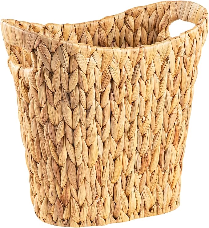 FairyHaus Wicker Trash Can with Handles, Natural Water Hyacinth Wicker Waste Basket, Handwoven Wicker Trash Basket for Bathroom Bedrooms, 13" L x 7.5" W x 12.2" H