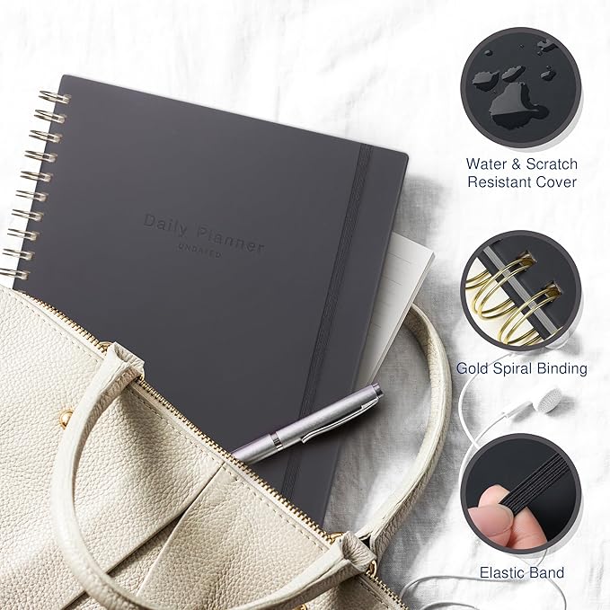 Undated Daily Planner To Do List Hourly Schedule 2027 2026 2025 Calendar & Holiday Habit Tracker 180 Pages Letter Size 8.5" x 11" Sheets Hardcover Spiral Bound Notebook (Black)