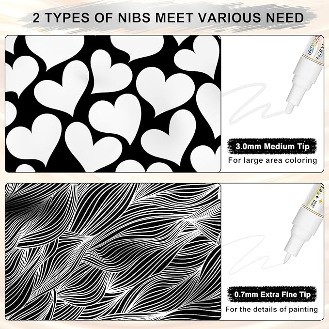 Paint Markers Paint Pens - 2 Pack Dual Tip Acrylic Permanent Marker (0.7mm & 3mm), Non-Toxic, Water-Based for Art Painting, Stone, Ceramic, Glass, Wood, Fabric, Metal, DIY Crafts (White)