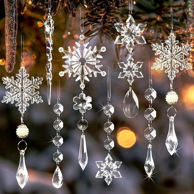 Christmas Tree Decoration Crystal Ornaments - 48pcs Acrylic Christmas Ornaments Snowflake Icicle Drop Crystal Hanging Ornaments for Xmas Tree Winter Holiday Frozen Party Decorations