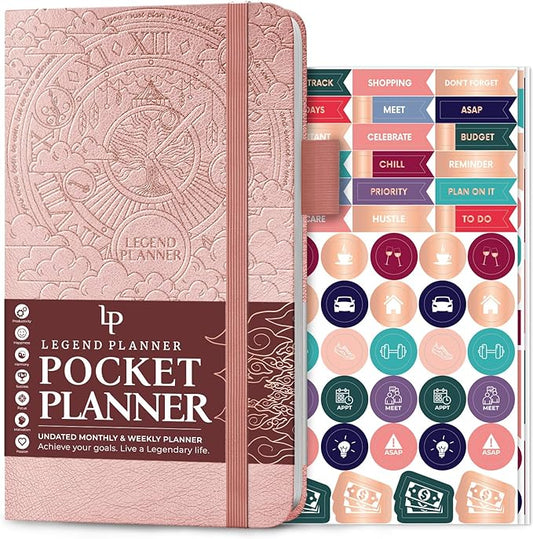 Legend Planner Pocket – Small Undated Monthly & Weekly Goal Journal and Calendar for Productivity, Mini Life Organizer Planner Perfect for Purse, Size: 3.5" x 6.2" Hardcover – Rose Gold