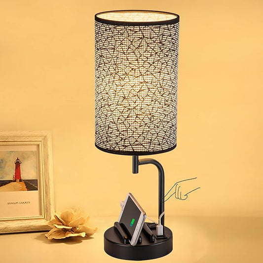 Dreamholder Touch Control USB Table Lamp, Upgraded 3-Way Dimmable Nightstand Desk Lamp with USB C & A Charging Ports and AC Outlet, Bedside Lamp for Bedroom Dimmable 9W LED Bulb Included