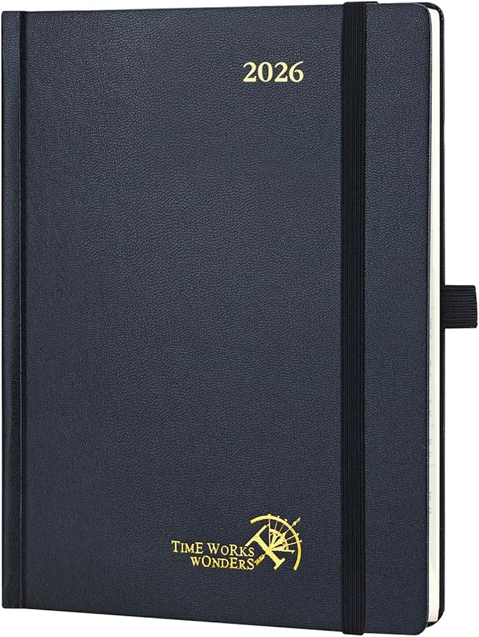 POPRUN 2026 Planner (Medium Size 8.5''x 6.5'' Hardcover) - Daily Weekly and Monthly Calendar Agenda 2026 Appointment Book with Hourly Time Slots, Monthly Tabs, 100 GSM - Black