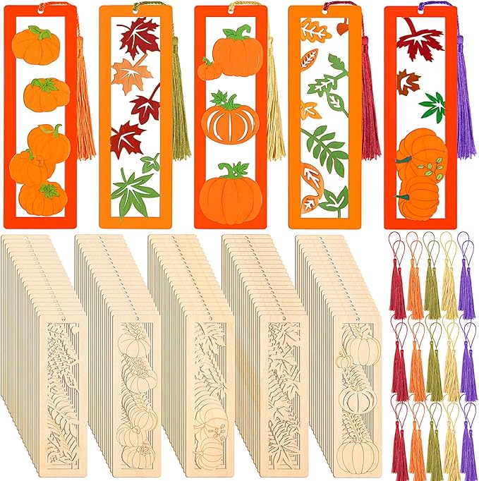 Yexiya 200 Pcs Fall DIY Wood Bookmarks Kit Unfinished Color Your Own Hollow with Tassel 100 Set Autumn School Art Craft Turkey Pumpkins Supplies for Students Classroom Thanksgiving Reward Fillers