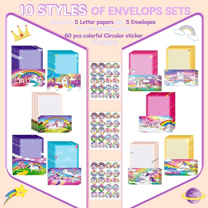 TaoBary 160 Pcs Stationery Paper Set 50 Double Sided Stationery Papers with 50 Matching Envelopes and 60 Round Dot Sticker, 10 Design(Unicorn,8.5 x 11 Inch)
