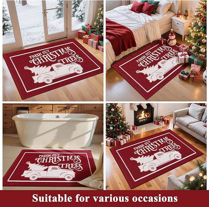 Christmas Doormat with Non Slip, Loop Pile Red and White Indoor Welcome Mat with Absorbent & Dirt-Trapping, Christmas Trees Truck Pattern, Porch Decor Outdoor Front Door Mat 32x48 Inch