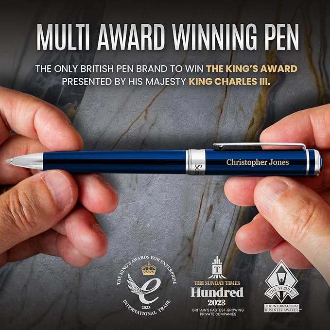 Scriveiner Personalized Midnight Blue Pen - Stunning Blue Lacquer Luxury Pen, Chrome Finish, Schmidt Ink Refill, Best Engraved Ball Point Gift Set for Men & Women, Custom Name Engraving