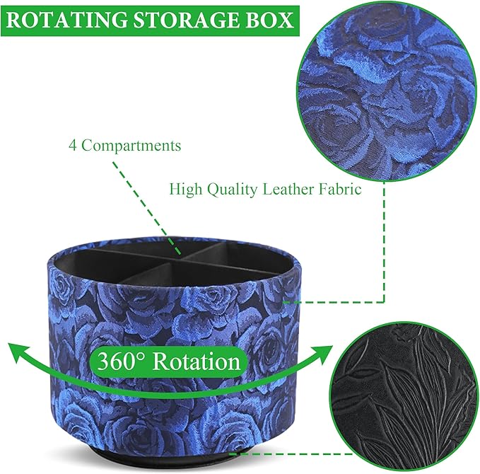 QIELIZI Round Leather Art Supply Organizer,Remote Control Holder,360 Degree Rotating,Multi-Functional Pencil Holder,4 Compartments Desktop Stationary Organizer(1-3D Rose Blue)