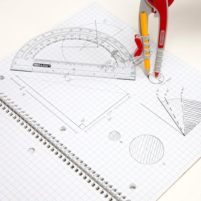 BAZIC Geometry Math Compass Set w/Scale-Arm, 6" Protractor, & HB Wood Pencil, Inch Centimeter, Mathematical Drafting Drawing Tool for Student, 1 UNIT, RANDOM COLOR
