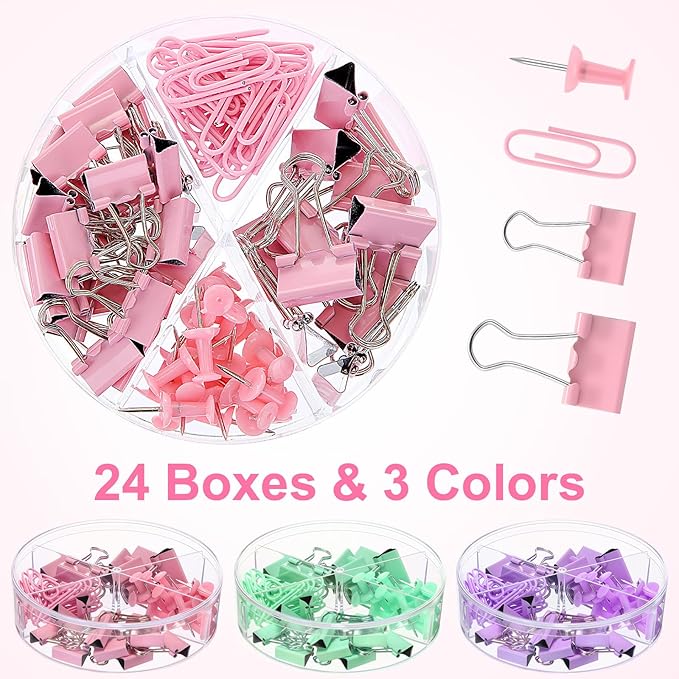 1560 Pcs Paper Clips and Binder Clips Assorted Sizes, Large Medium Small Binder Clip Paperclips Thumb Tacks, College Supplies Home Office Supplies Document Organizing(Pink, Purple, Green)