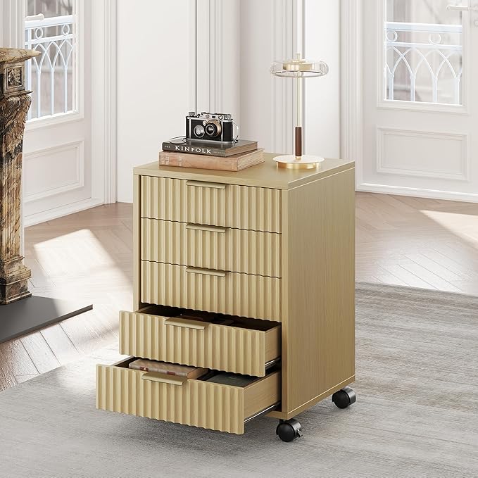 5 Drawer Chest, Under Desk Storage Wood Drawers with Wheels,Fluted File Cabinet for Home Office, Light Walnut