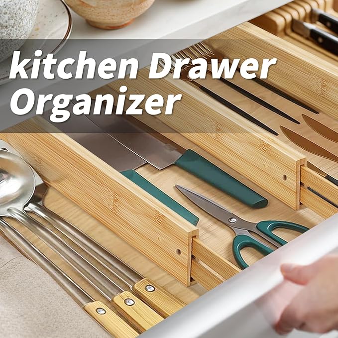 Bamboo Drawer Organizers 4 Pack, 17-22" Adjustable Spring Loaded Dividers for Kitchen Utensils, Silverware, Clothes, Dresser, Bathroom and Office Storage