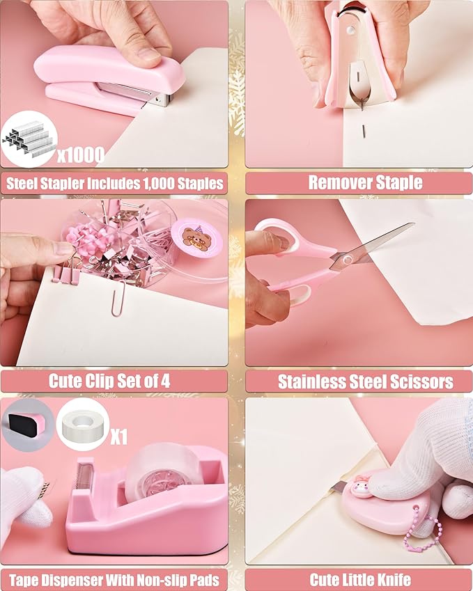 Pink Desk Accessories, 24Pcs Pink Office Supplies and Desk Organizers, with Tape Dispenser, Stapler, Staple Remover, Ect, Christmas Gifts