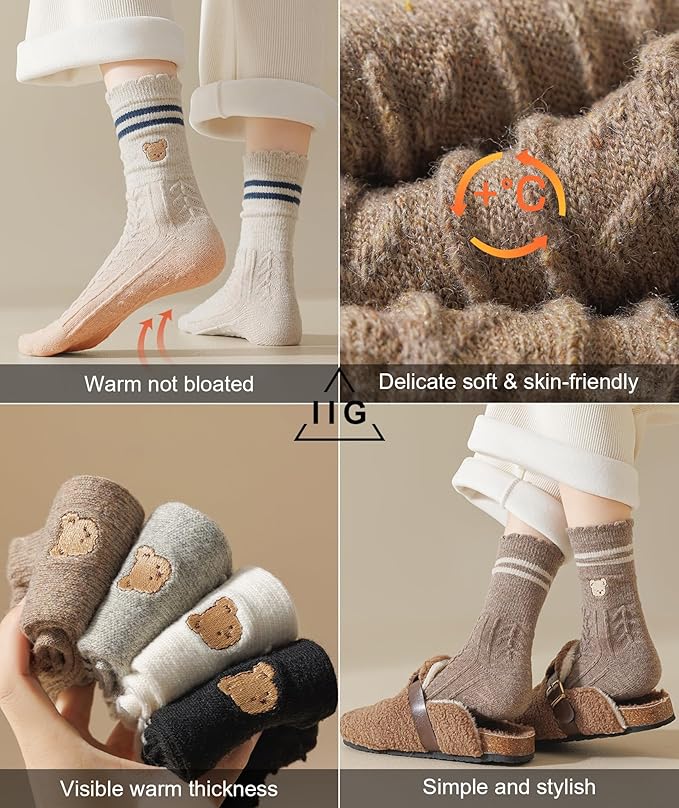 IIG Cute Warm Wool Socks for Women Super Cozy Thick Crew Winter Socks Gifts, 5 Pairs