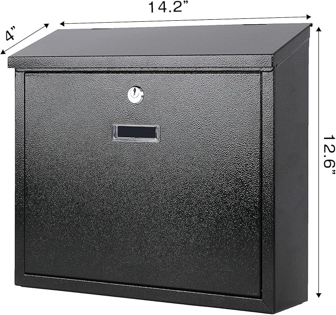 xydled Mail Boxes with Key Lock,Locking Mailbox Wall Mounted,Security Mailbox with Lock and Key,Large Capacity,Steel Cover Metal Postbox for House,14.2X 4X 12.6 Inch, Black
