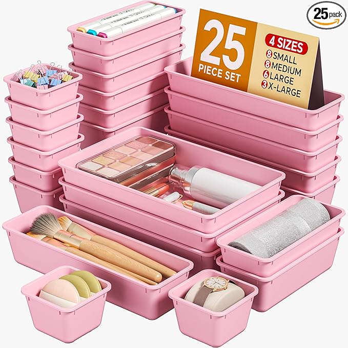 25 PCS Plastic Drawer Organizers Set, 4 Sizes Vanity Organizer, Makeup and Desk Drawer Organizer Trays, Organization and Storage for Makeup, Bathroom, Kitchen Utensils and Office (Pink)
