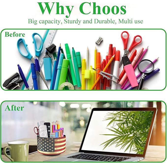 Hennaja Round Leather Art Supply Organizer,Remote Control Holder,360 Degree Rotating,Multi-Functional Pencil Holder,4 Compartments Desktop Stationary Organizer(1-American Flag)