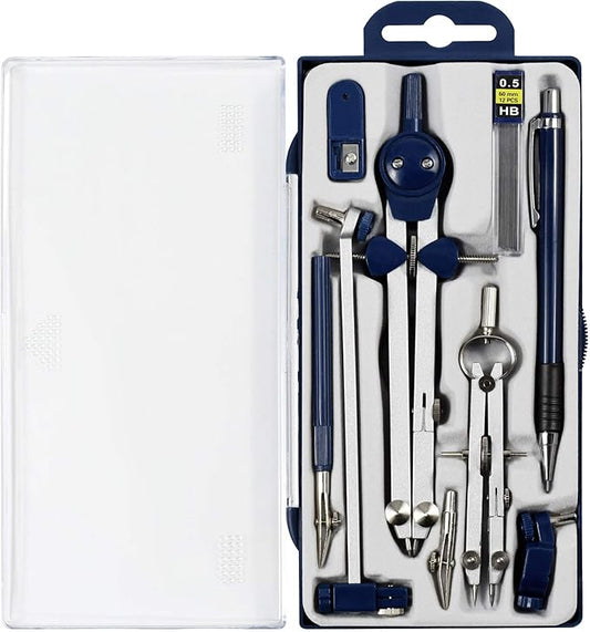 Drawing 9Pc Geometry Set Metal Compass, Geometry Precision Tool for Student, Circle Drawing Tool and Architecture, Drafting Kits for Engineer with Shatterproof Storage Box (Blue)