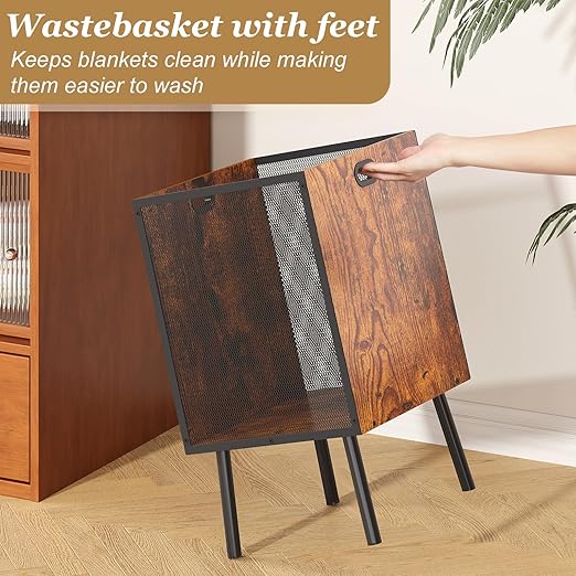 8.5 Gallon Retro Wooden Trash Can with Metal Mesh – Large Wastebasket with Handles & Legs | Under Desk Trash Can for Office or Home | Breathable Garbage Can | Stylish Office Waste Basket