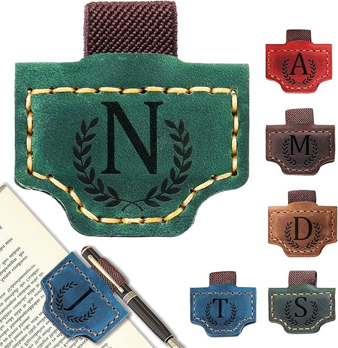 Personalized Bygone Mark Bookmark with Pen Holder, Leather Magnetic Bookmark 26 Letters Name Initial Bookmarks for Readers, Book Lover Gifts for Women Men Notebook Accessories (Green, N)